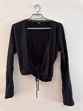 Forever 21 Black Lace-Trim Long Sleeve Wrap Tie Top